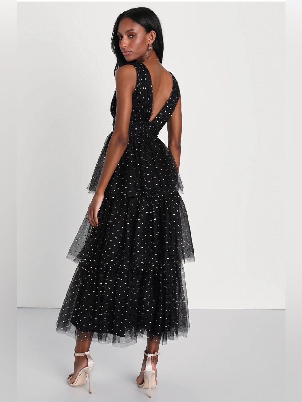 Lulus Decadent Impression Black Tulle Tiered Shiny Dot Midi Dress & Gold Tulle - Picture 2 of 9